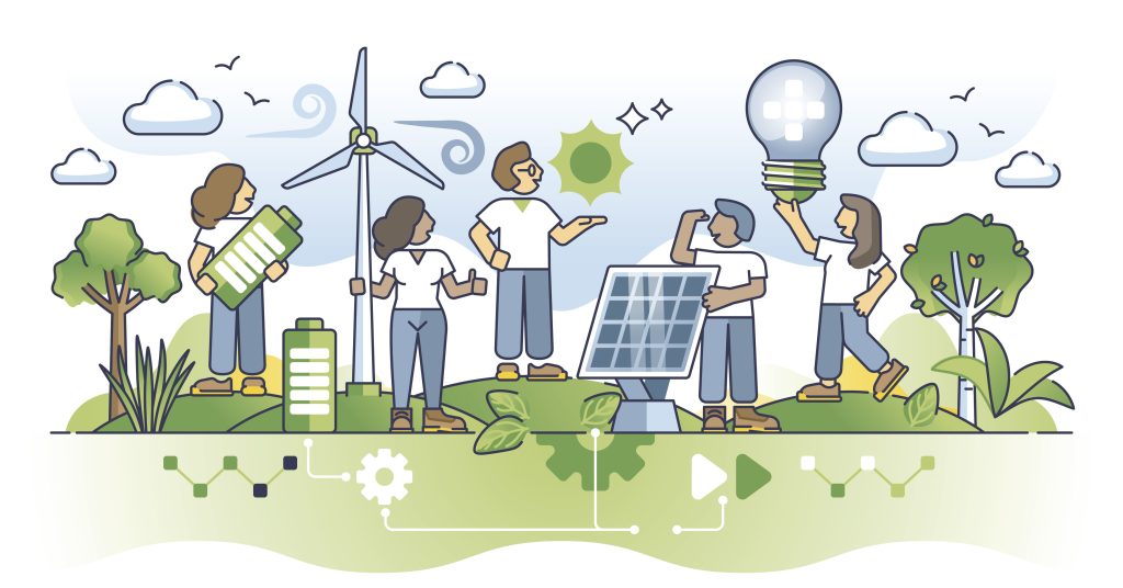 Fünf Personen stehen in einer grünen Landschaft mit Bäumen, Windrad, Solarpanel, großer Batterie und Glühbirne als Symbol für erneuerbare Energien