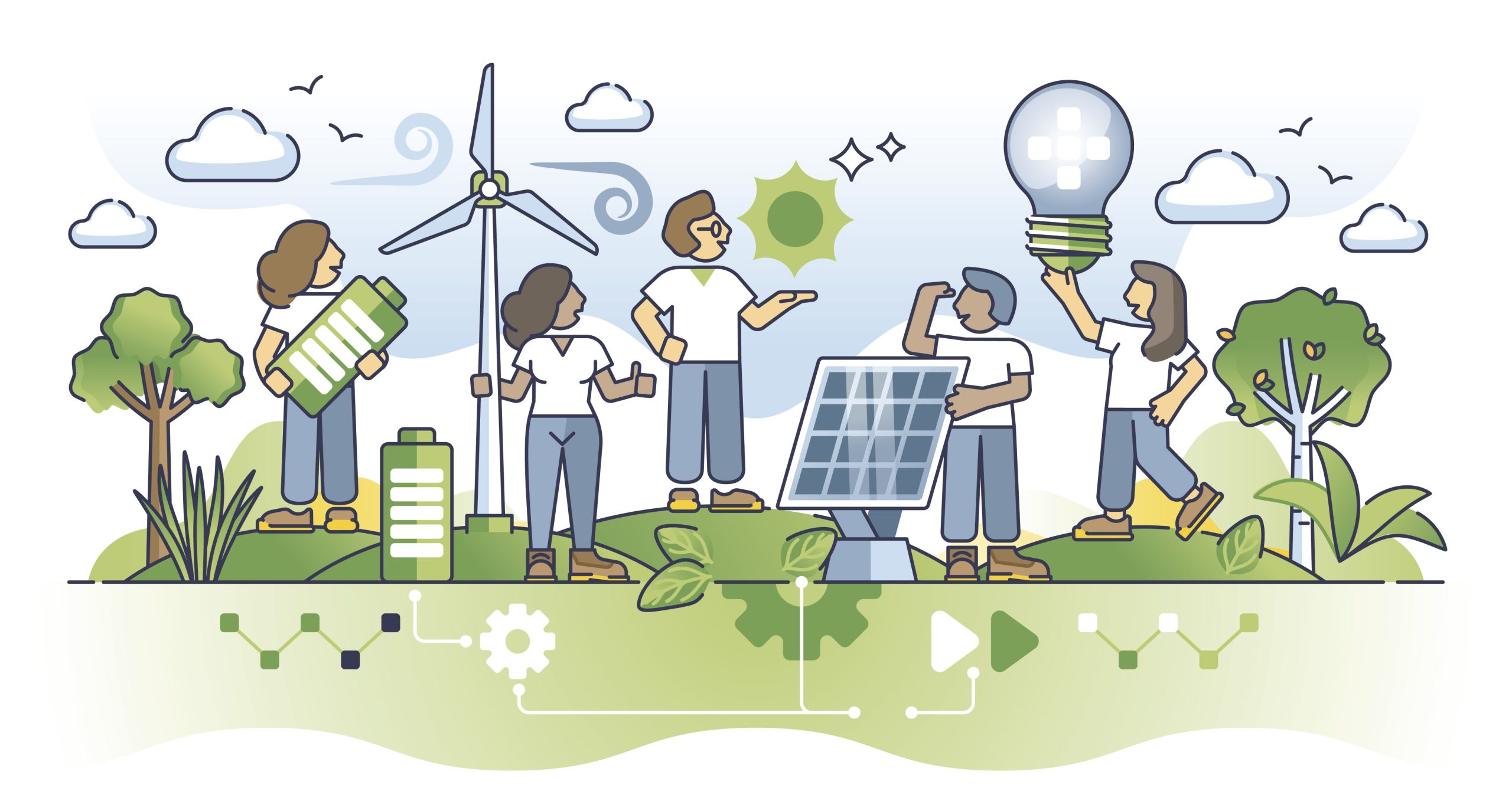 Fünf Personen stehen in einer grünen Landschaft mit Bäumen, Windrad, Solarpanel, großer Batterie und Glühbirne als Symbol für erneuerbare Energien