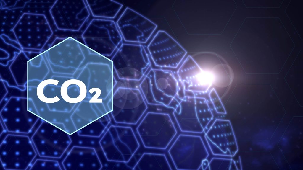 Digitales Globus-Netzwerk mit hexagonalen Strukturen und CO₂-Symbol – Darstellung der Klimadatenanalyse und digitaler Technologien.