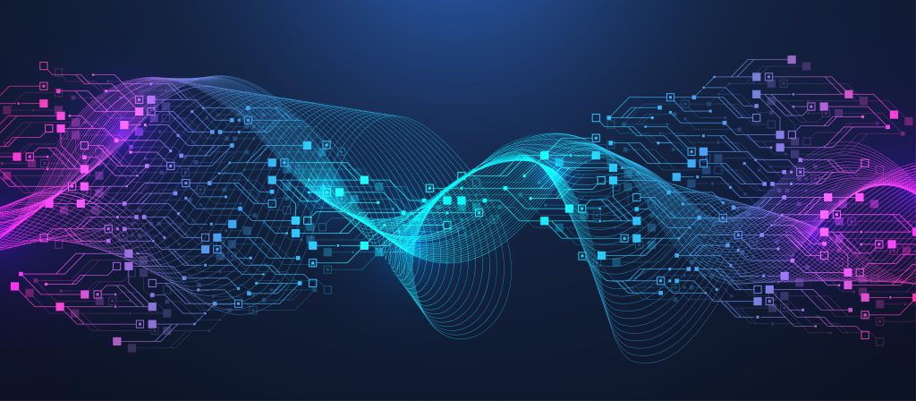 Abstrakte Darstellung eines digitalen Datenstroms mit leuchtenden, vernetzten Punkten und Linien in Blau- und Violetttönen auf dunklem Hintergrund