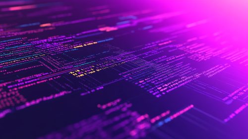 Nahaufnahme von farbig hervorgehobenen Programmiercodes auf dunklem Hintergrund mit violettem Lichtschein/ Hackathon isometric landing page. 3d typography with binary code on purple neon colored background. Computer software development, coding, adaptive layout, work with data concept, vector web banner