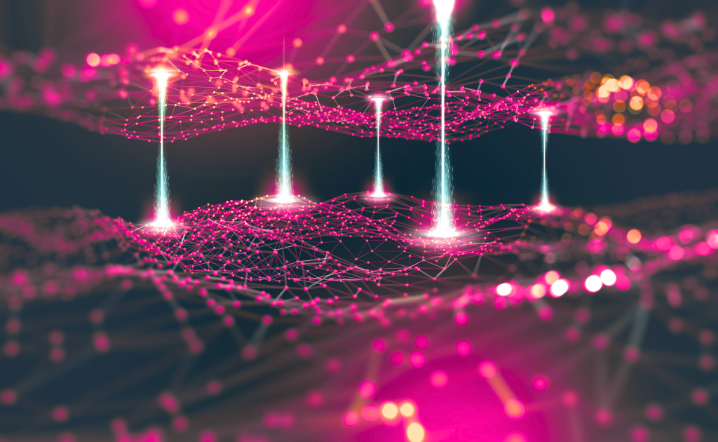 Leuchtende pinkfarbene Netzstruktur mit vertikalen Lichtstrahlen auf dunklem Hintergrund