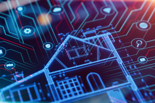 Digitale Darstellung eines Hausgrundrisses mit überlagerten technischen Symbolen und Verbindungslinien
