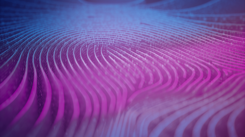 Nahaufnahme eines digitalen Fingerabdrucks mit wellenförmigen Linien in Blau- und Lilatönen
