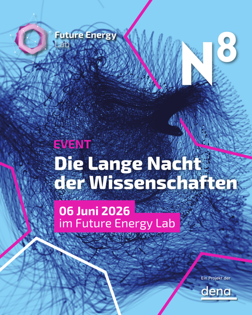 Abstrakte blaue Linienzeichnung mit pinken und weißen geometrischen Linien und Text 'Die Lange Nacht der Wissenschaften 06 Juni 2026 im Future Energy Lab'