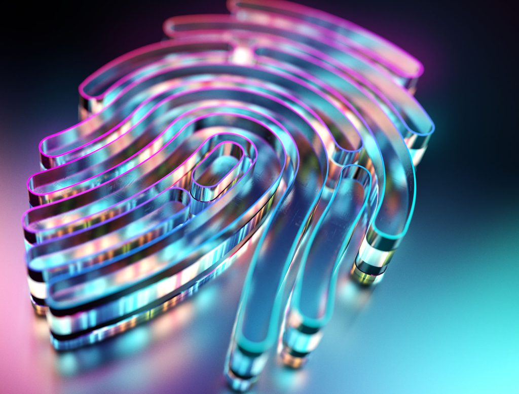 Nahaufnahme eines transparenten, mehrschichtigen Fingerabdrucks mit blau-violetten Lichtreflexen vor unscharfem Hintergrund