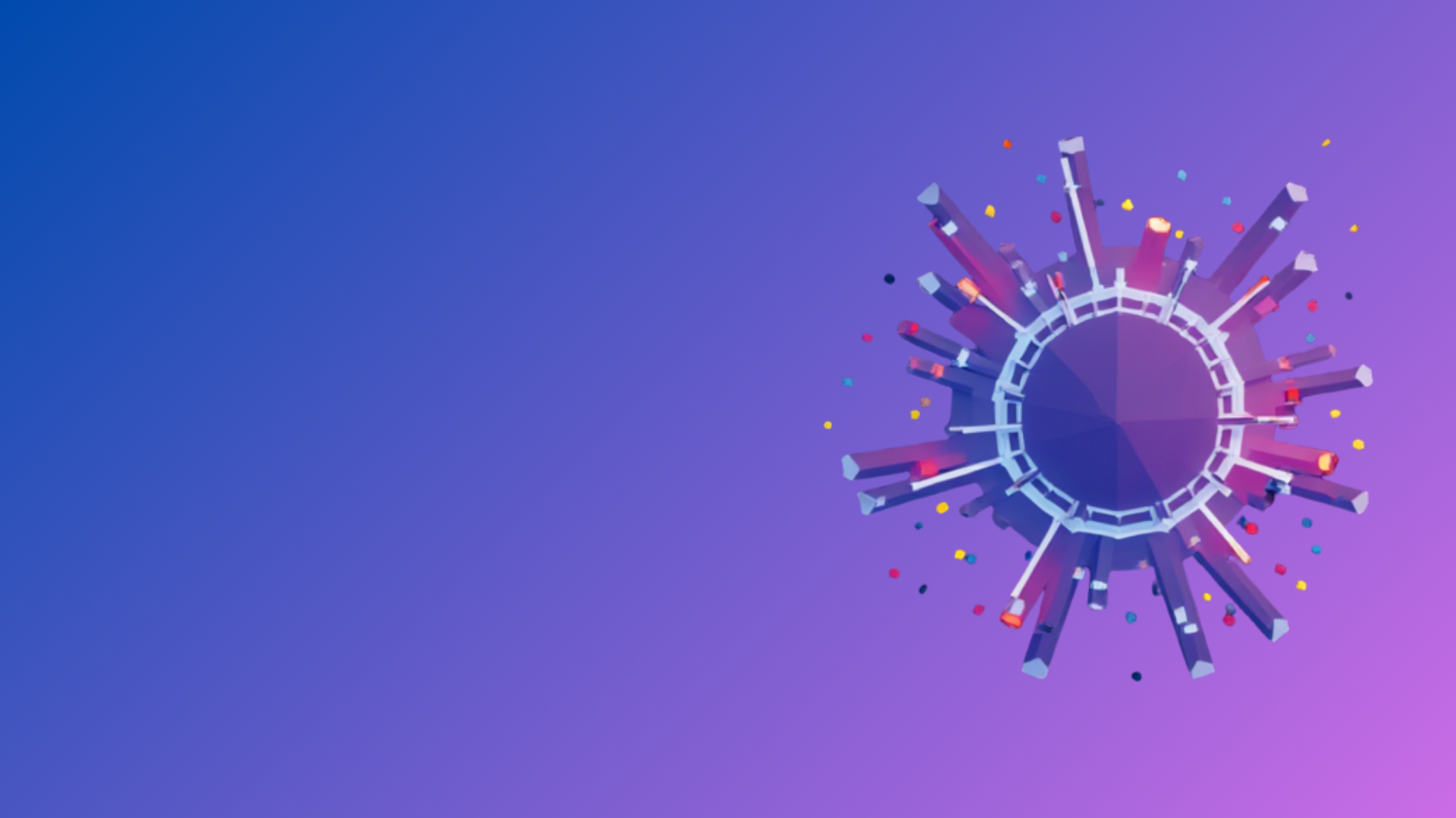 Abstrakte Grafik mit einem zentralen Kreis und radial angeordneten, unterschiedlich langen Balken vor blau-violettem Hintergrund