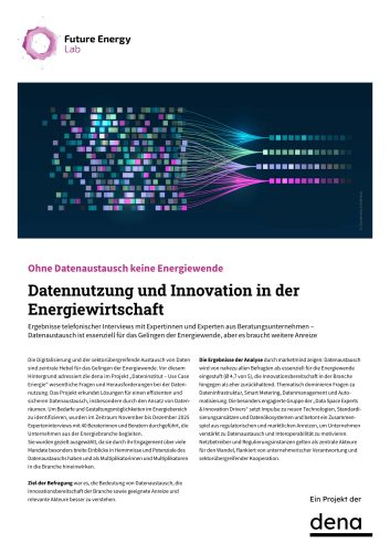 Infografik mit farbigen Quadraten und Linien, die Datenfluss und Vernetzung symbolisieren, begleitet von Text zu Datennutzung und Innovation in der Energiewirtschaft