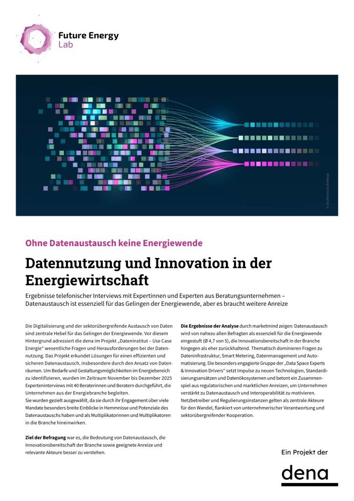 Infografik mit farbigen Quadraten und Linien, die Datenfluss und Vernetzung symbolisieren, begleitet von Text zu Datennutzung und Innovation in der Energiewirtschaft