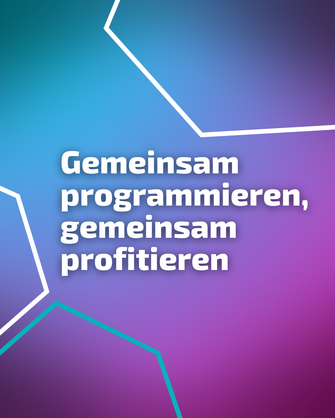 Text auf farbigem Hintergrund mit den Worten 'Gemeinsam programmieren, gemeinsam profitieren'